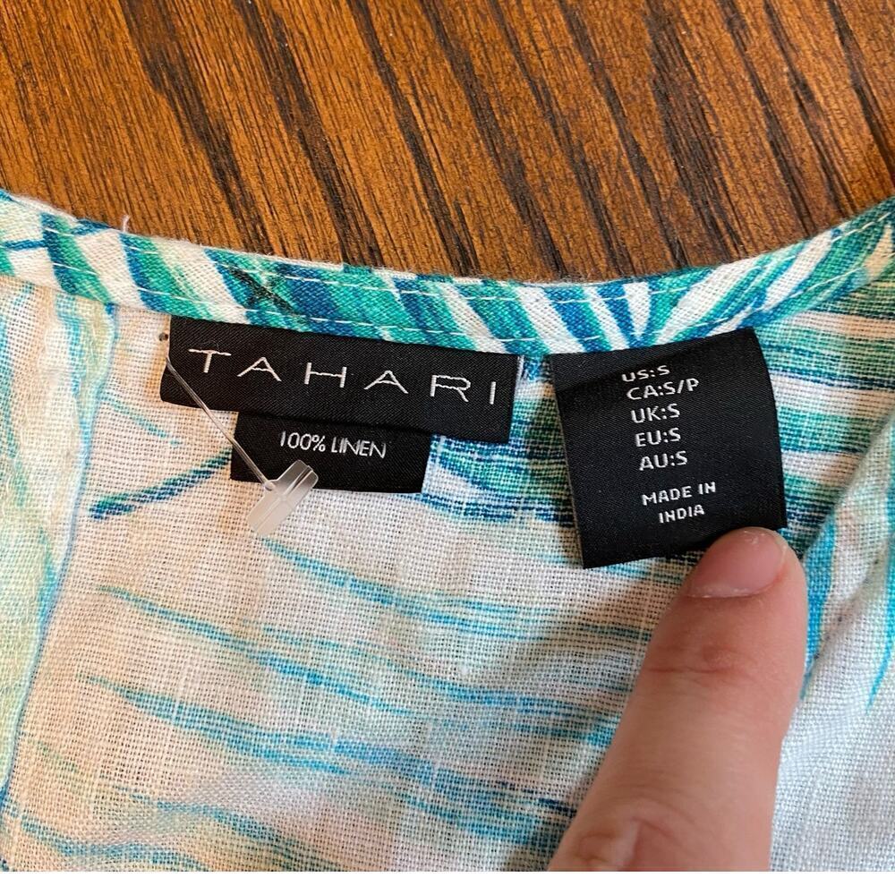 Tahari 100% Linen Palm Leaf Teal Short Dress Womens sz S Casual Tropical Relaxed - Picture 3 of 11